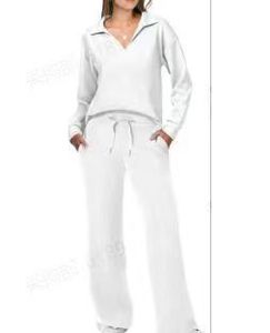 En stock – Ensemble pantalon et haut en polyester respirant à col en V de couleur unie pour femme, avec cordon de serrage, manches longues, style décontracté streetwear pour l'automne et l'hiver - Product Image 3