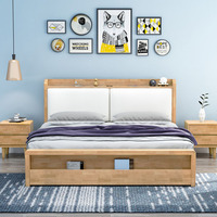 Cadre de lit plateforme en bois avec tête de lit rembourrée et étagère de rangement, lit en chêne clair avec rangement intégré dans le pied du lit