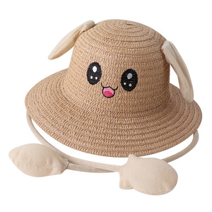 Chapeaux de paille à oreilles de <span class=keywords><strong>lapin</strong></span> tricotées pour enfants, vente <span class=keywords><strong>en</strong></span> gros, chapeaux de soleil d'été personnalisés pour la plage, chapeaux de paille à oreilles de <span class=keywords><strong>lapin</strong></span> pour enfants - Product Image 1