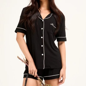 Ensemble de pyjama en viscose de bambou pour femmes, col à revers, cordon de serrage, doux et respirant, vêtements de détente en deux pièces pour femmes - Product Image 4