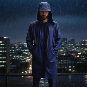 מעיל שחור שחור ארוך ומוצק עם מכסה מכסה מעיל גשם-פופולרי מאוד באירופה, הכולל איטום פונקציונלי. - Product Image 5