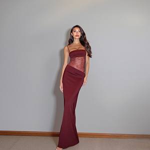 春夏 エレガント イブニング 無地 ボディコン ホルターネック シースルー レース レディース ミディ メッシュ ドレス - Product Image 1