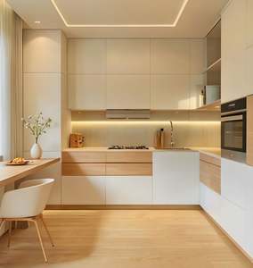 Warm Creamy <b>White</b> Kitchen <b>Cabinets</b> Stone Kitchen Island Minimalist Original Wood Style Whole House Customization - Product Image 1
