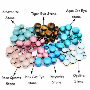 Juego de tapones y túneles para los oídos de piedra orgánica, Piercings acampanados individuales con anillo de cuero negro, joyería corporal para bodas - Product Image 2