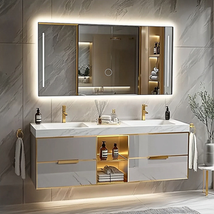 Mueble de Baño Moderno de Acero Inoxidable, Combinación de Mueble de Pared con Espejo LED Inteligente, Mueble de Lujo con Diseño Moderno Doble V007 S - Product Image 1