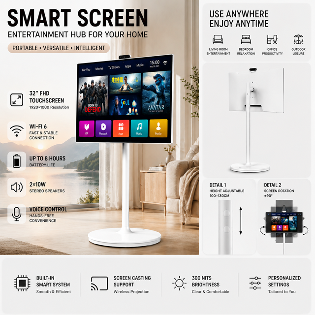 27inch Smart Android 10 LED Full HD 1080p 60Hz HDTV Finger Touch Rotatable Gaming White Mobile Stand Portable TV