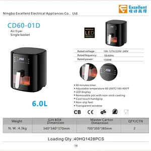 Friteuse à air numérique sans huile, économique, pour la maison, avec écran LCD, 5,1-6,0 L, 1500 W, revêtement antiadhésif PTFE, protection contre la surchauffe - Product Image 6