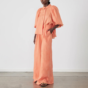 <span class=keywords><strong>Pantaloni</strong></span> a maniche a sbuffo e <span class=keywords><strong>pantaloni</strong></span> larghi in cotone alla moda autunnale Set di due pezzi completi da donna Combinaison Femme Pantalon - Product Image 2