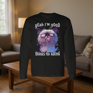 Camiseta de manga larga con diseño de cara de gato, unisex, cuello redondo, impresión digital, talla para adultos - Product Image 3