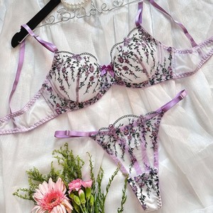 Wholesale Floral Embroidery Lingerie Set Sexy Sheer Mesh Underwire Bra and Thong Panties Set 2 Piece Elegant Lace <b>Underwear</b> Set - Product Image 1