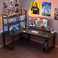 Bureau de jeu en L stable à hauteur réglable avec étagère intégrée à 3 niveaux, table d'angle pour PC, idéal pour le bureau à domicile