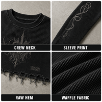 Sweat-shirt ODM pour homme, coupe oversize, en coton gaufré, couleur anthracite, effet délavé, ourlet brut, imprimé graphique, sweat-shirt court