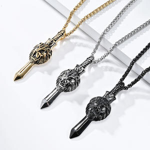 Collar con colgante de espada y cabeza de león para hombre, de acero inoxidable, diseño geométrico, joyería de moda para uso casual. - Product Image 2