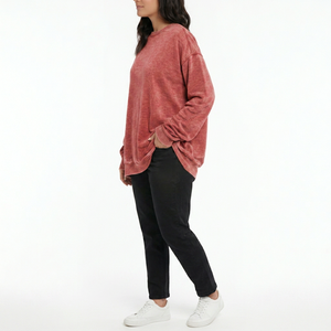Casual Drop Shoulder Fleece <b>Red</b> Wholesale 100% Cotton Oversized Streetwear Embroidered Washed Women Crewneck Sweatshirt - Product Image 3