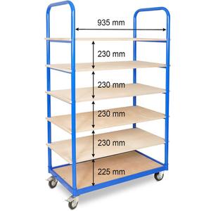Etagenwagen Mit 6 Ebenen, LxTxH 1050x500x1690 Mm, 2 Lenk- (mit Feststellbremse) U. 2 Bockrollen, Bestückt Mit 18 Blauen Sichtbox - Product Image 3