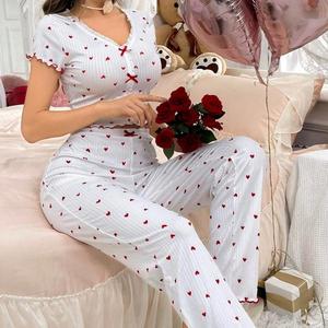 Pyjama Cœur pour Femme Style Européen et Américain, Tenue d'Intérieur Populaire, Pantalon Long Respirant à Taille Élastique pour l'Été - Product Image 4