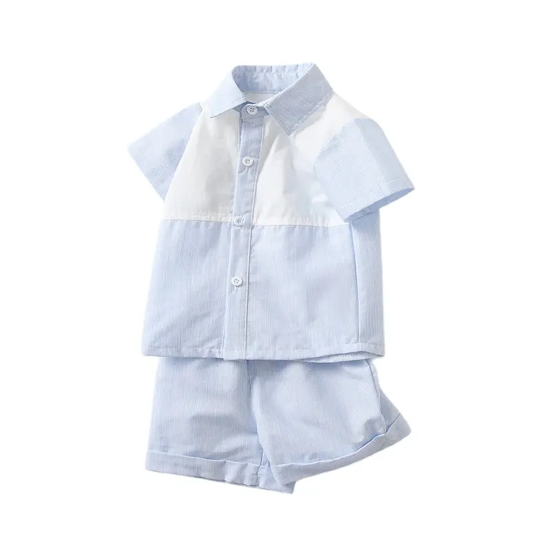 مخصص للأطفال أزرق-أبيض لصق مخطط السراويل قطعتين النمط الكوري اللباس المدرسي الاطفال الصيف الصبي مجموعة قميص بأكمام قصيرة
