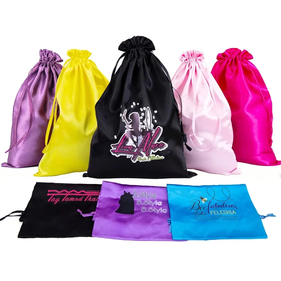 AliLeader Vente en gros Sac en satin avec cordon de serrage Logo personnalisé Emballage de rangement pour extensions de cheveux Sacs pour perruques en satin soyeux