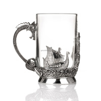 Chope à bière en verre avec base et poignée en alliage de zinc, magnifique chope en verre étain, type tankard, avec motif Viking et navire long.