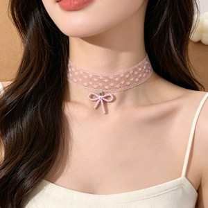 Fashion Lace Choker Necklaces for Women Imitation Pearl Bowknot Pendant Clavicle <strong>Chain</strong> Accessories - Product Image 4