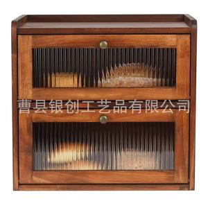 Wooden Double Layer Bread Box Flip Top Glass Lid <b>Kitchen</b> Storage Cabinet For Bread Pastry Dessert Shandong Made - Product Image 1