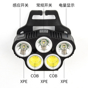 Lampe frontale Hercamp XPE+COB 5 LED rechargeable avec capteur de lumière rouge, batterie intégrée 2400 mAh, éclairage extérieur haute intensité - Product Image 3