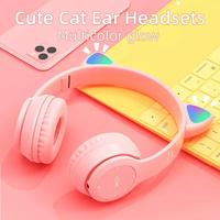 Headphone Nirkabel Lucu Telinga Kucing LED Cahaya Earphone Gigi Biru Lipat Headphone Atas Telinga Headset Kabel untuk Smartphone PC