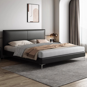 <span class=keywords><strong>Lit</strong></span> double en cuir véritable <span class=keywords><strong>de</strong></span> vachette <span class=keywords><strong>de</strong></span> première qualité, style moderne simple en bois pour petits appartements, avec bordure capitonnée - Product Image 3
