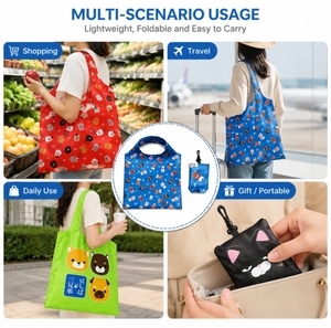 Sac de courses réutilisable avec logo personnalisé, pliable, résistant à l'eau, en polyester, imprimé de dessins animés mignons, pochette portable avec clips - Product Image 3