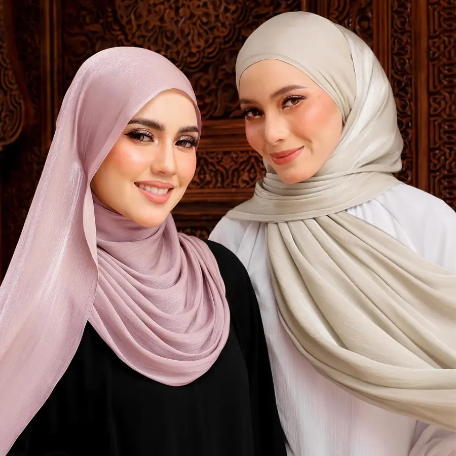 Groothandel Nieuwste Vrouwen Meisjes Lange Moslim Luxe Geplooide Chiffon Hijab Glitter Shimmer Sjaal Sjaal Bawal Malaysia