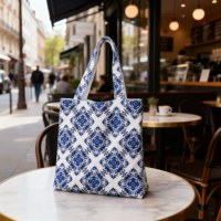 Sac fourre-tout en toile de coton imprimé fleurs sauvages bleues, style chinois tendance, personnalisé, écologique, de haute qualité, pour le shopping