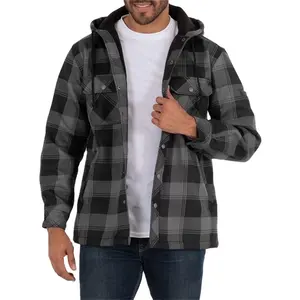 OEM custom winter heavy hooded polar sherpa fleece lined plaid checked shirt jacket for men