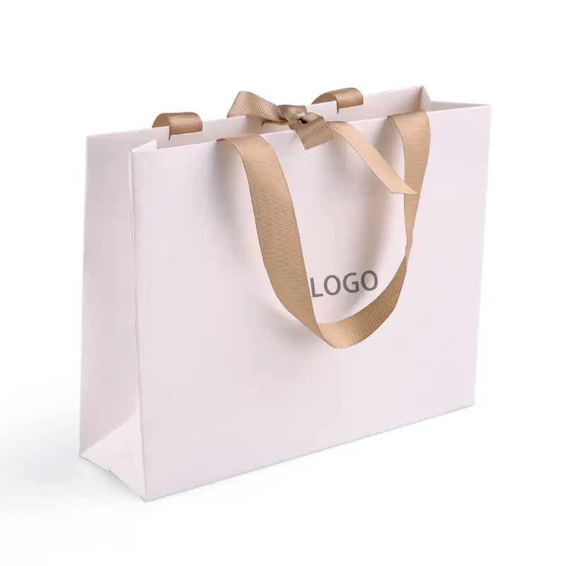 Pegangan Pita Mewah Kustom Tas Kemasan Belanja Karton Putih Tas Hadiah Kertas Cetak Kustom dengan Logo Anda Sendiri