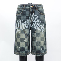 Short en damier de coton de jogging en denim à bord coupé, vêtement de rue en détresse, jorts pour hommes jorts personnalisés à logo imprimé au laser