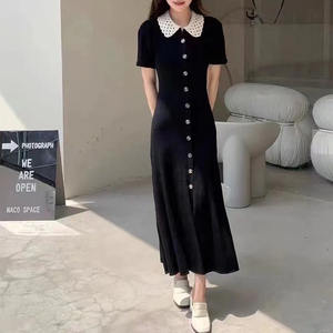 New <strong>Chevron</strong>-patterned Openwork Lace Collar Sleeve <strong>Dress</strong> with Single Waistline for Slimming Effect - Product Image 2