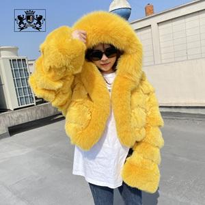 Janefur all'ingrosso Y2K <span class=keywords><strong>cappotto</strong></span> di pelliccia di colore <span class=keywords><strong>giallo</strong></span> morbido e spesso invernale soffice da <span class=keywords><strong>donna</strong></span> in pelliccia di pelliccia di vera volpe <span class=keywords><strong>cappotto</strong></span> con cerniera - Product Image 1