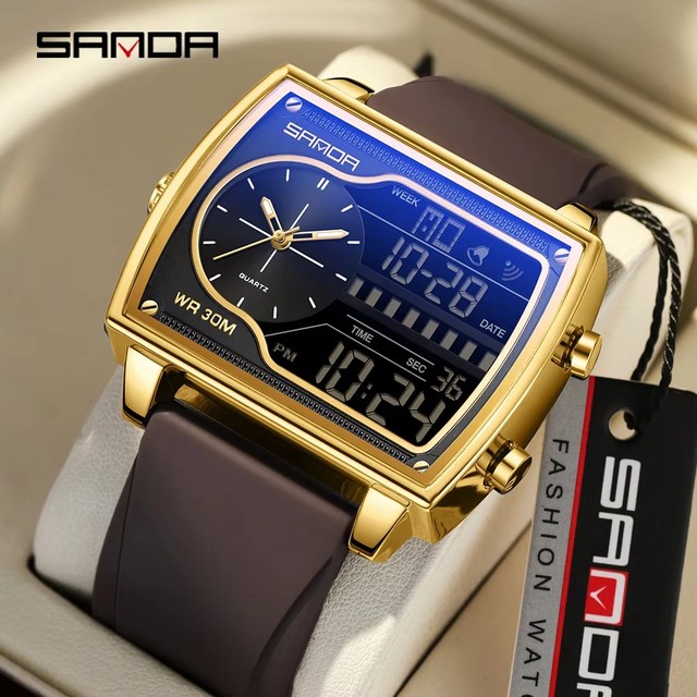 SANDA 6163 Dual Display LED Digital Watch Waterproof Men's Quartz Electronic Steel/Leather/Rubber Strap Square Dial Male Watches