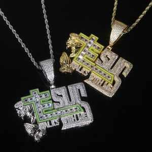 Jaune vert émail Fluorescence CZ lettres jésus marche avec <span class=keywords><strong>moi</strong></span> prier pendentif collier <span class=keywords><strong>pour</strong></span> hommes garçon Hip Hop glacé bijoux - Product Image 5