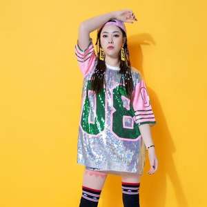 T-<span class=keywords><strong>shirt</strong></span> oversize ample streetwear hip hop # T-<span class=keywords><strong>shirt</strong></span> de <span class=keywords><strong>baseball</strong></span> Harajuku d'été pour femmes, couleur unie, paillettes brillantes, manches courtes - Product Image 3