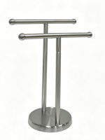 Porte-serviettes double barre en métal argenté moderne, sur pied, avec base ronde, organisateur de salle de bain avec structure compacte et durable