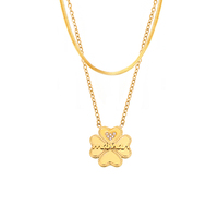 Collier double couche en acier inoxydable 18K 316L Lettres de cœur à la mode Zircon micro-infusé Fleurs à quatre feuilles Bijoux de mode