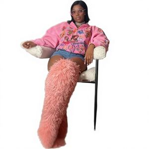 Bottes en flanelle à bout ouvert, style faux fourrure mongole, au-dessus du genou, pour femme, antidérapantes, chaudes, douces, avec nœud, pour l'été et l'hiver, nouveauté - Product Image 1