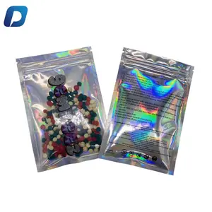 Bolsas de plástico Mylar laminadas de papel de aluminio pequeñas con impresión personalizada, bolsas holográficas con cierre de cremallera de colores, impresión por huecograbado de alimentos