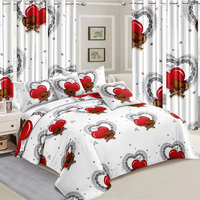 Parure de lit 6 pièces en microfibre imprimée 3D motif floral avec rideaux assortis, housse de couette douce, drap de lit, textile de chambre à coucher pour mariage