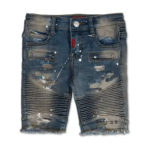 小凯做了高级男孩女孩夏季时尚 streetwear 服装蓝色脏洗损坏的孩子的牛仔骑行者牛仔裤短裤