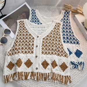 Veste d'été tendance en gros, nouvelle mode, ajourée, <span class=keywords><strong>crochet</strong></span>, fleur tissée, veste pour femmes, col en V, <span class=keywords><strong>sans</strong></span> manches, cardigan - Product Image 1