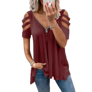 Women's Waffle <b>Zipper</b> V-Neck Off Shoulder Short Sleeve T-Shirt Solid Color Breathable Plus Size <b>Top</b> - Product Image 2