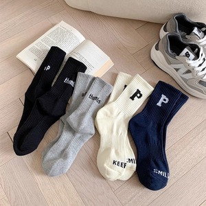 Women's Crew <b>Socks</b> With P Logo Solid Color Polyester Sweat Absorbent Mid Length Regular Casual <b>Socks</b> - Product Image 3