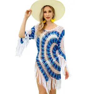 Wholesale Out Mixed Color V Neck Knit Crochet Beach Mesh Bikini Cover Ups Dress Beach Dress For Women
