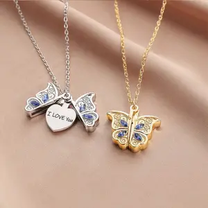 Trendy Metal Letter Heart Blank Custom Open Photo Pendant Butterfly medaglione collane donna New Exquisite I Love You collana